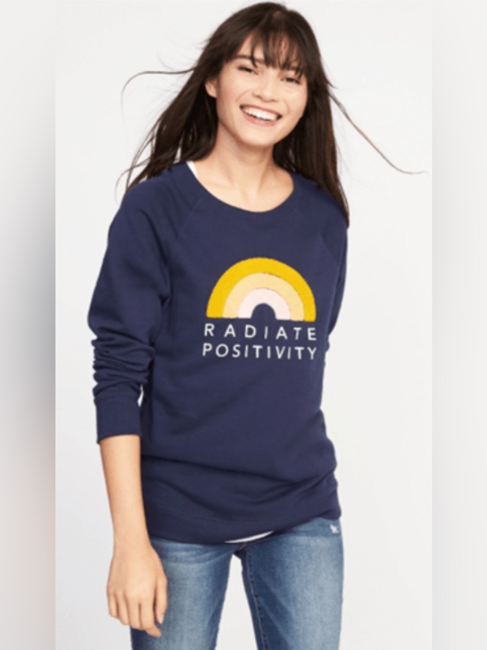 Old Navy Radiate Positivity sweatshirt navy fuzzy rainbow appliqué Women’s Small